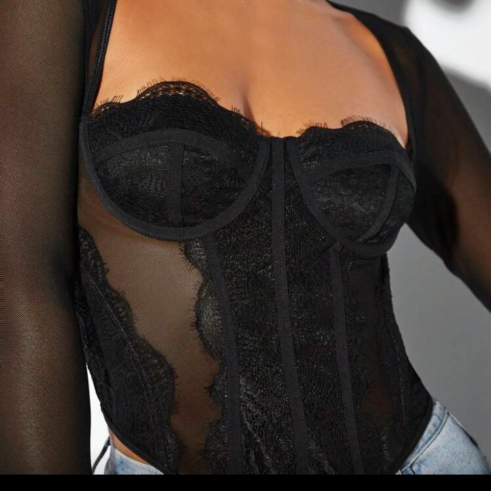Sheer Lace Bustier Top in Black
